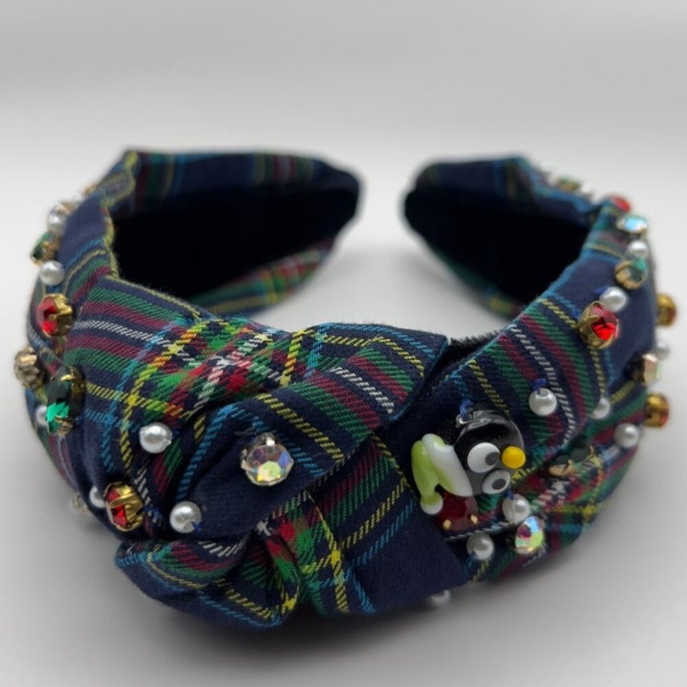 Blue Tartan Plaid Knotted Jeweled Headband with Penguin Glass Bead